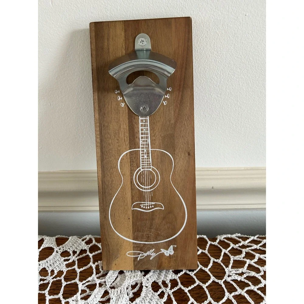 NWT Dolly Parton Wood Wall Mounted Bottle Opener Acoustic Guitar Butterfly Logo